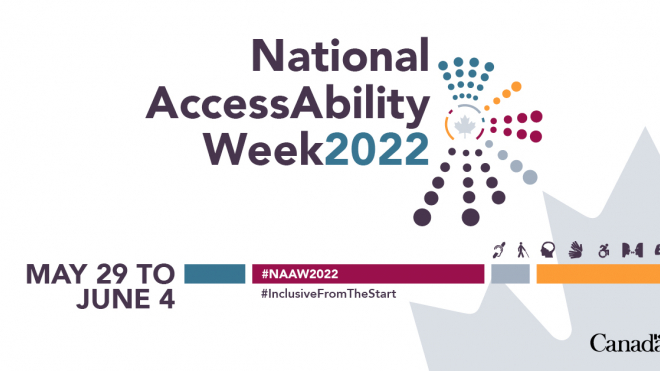 The visual reads National AccessAbility Week 2022. Then the following text: May 29 to June 4.  #NAAW2022 #InclusiveFromTheStart.