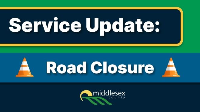 Text reading, "Service Update: Road Closure" with two images of traffic cones and the County logo