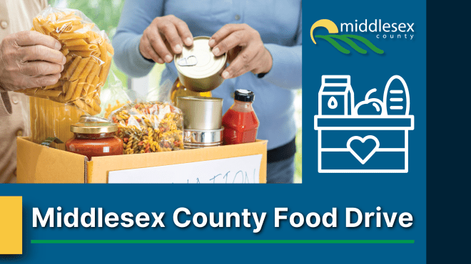 Two people holding non-perishable food items in a donation box with the words, "Middlesex County Food Drive," an icon of a donation box, and the County logo