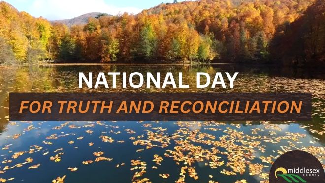 Image of water and trees with text reading "National Day for Truth and Reconciliation"