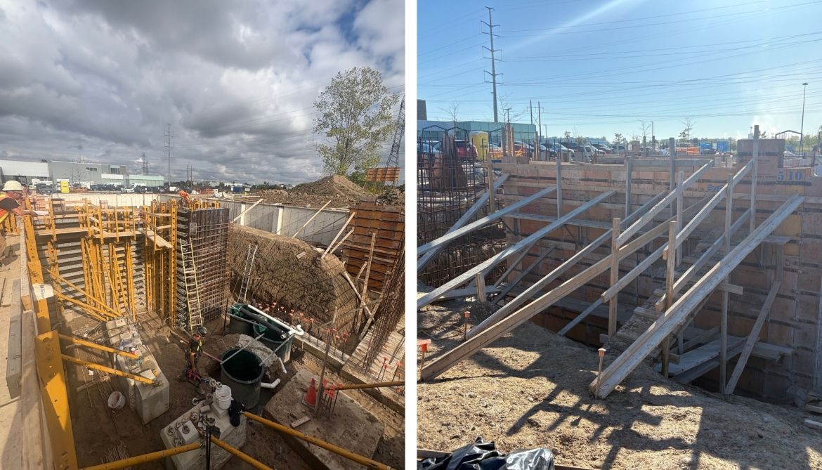 Side-by-side images of the construction site