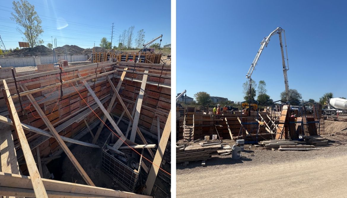 Side-by-side images of the construction site