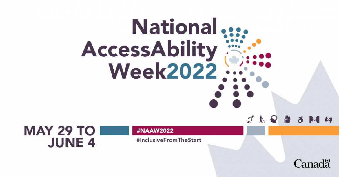 The visual reads National AccessAbility Week 2022. Then the following text: May 29 to June 4.  #NAAW2022 #InclusiveFromTheStart.