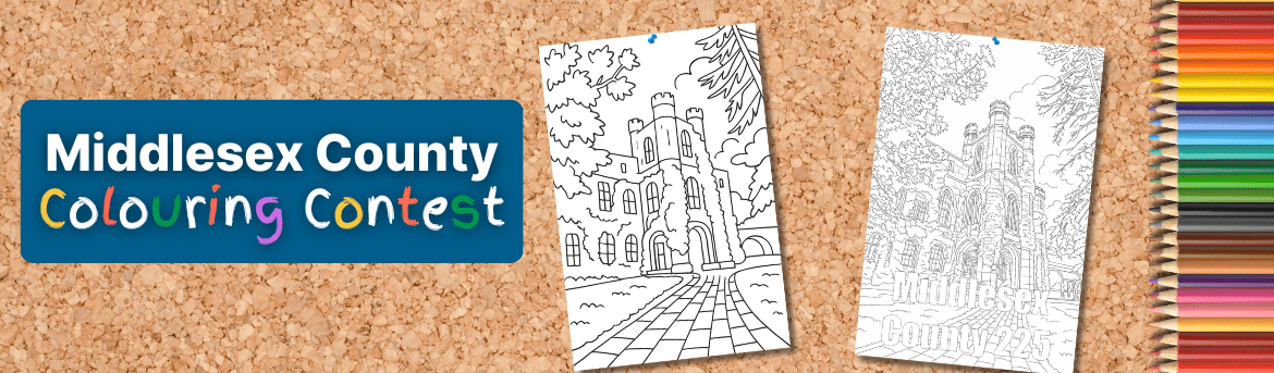 Two uncoloured colouring pages of the Middlesex County building set against a corkboard backdrop with the words, "Middlesex County Colouring Contest" and a row of coloured pencils.