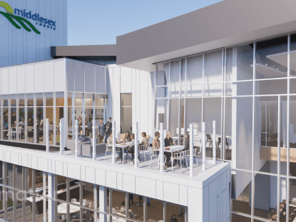 Rendering of new county building exterior break space