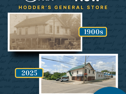 Two images of Hodder's General Store location, one from the 1900s and one from 2025, showing how much it has changed