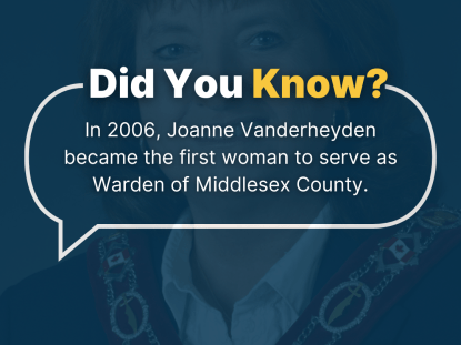 Image of Joanne Vanderheyden with text overlaid explaining she became the first female warden in 2006.