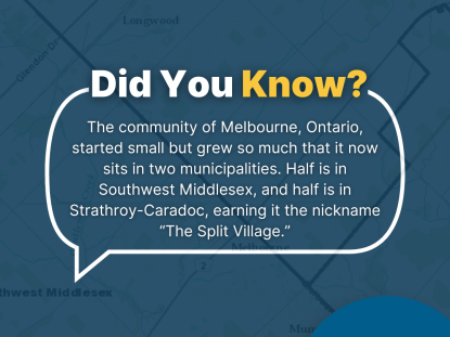 Image of a map of Melbourne, Ontario, with a text box reading, "Did You Know? The community of Melbourne, Ontario, started small but grew so much that it now sits in two municipalities. Half is in Southwest Middlesex, and half is in Strathroy-Caradoc, earning it the nickname, 'The Split Village'"