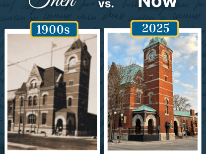 Side-by-side comparison of the Strathroy post office and customs house in the 1900s and how it appears today