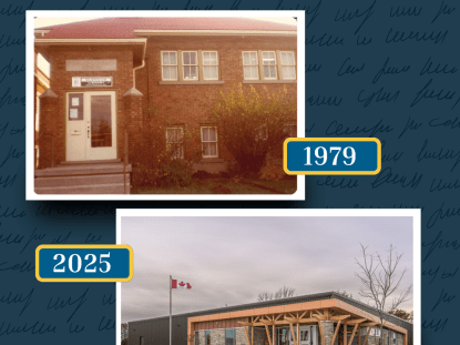 Two images - one of the old Glencoe library from 1979 and one depicting it today in 2025