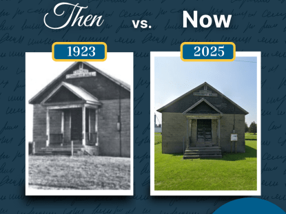 Side-by-side comparison of Crathie Hall in 1923 and how it appears today