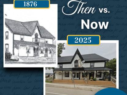 Side-by-side images of Lorne House in Ilderton, one from 1876 and an updated photo from 2025 with text reading, "Then Vs. Now" and the County logo