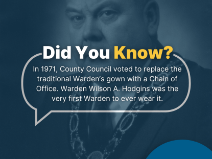 Warden Hodgins portrait with text explaining he was the first warden to wear the Chain of Office